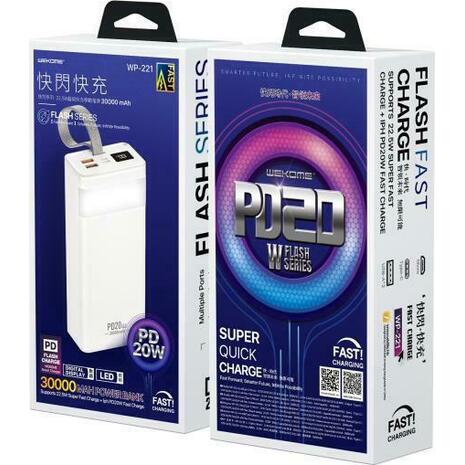 Power bank WK Flash series 30000 mAh PD20W+QC3.0 22.5W white WP-221 - Τεχνολογία και gadgets για το σπίτι, το γραφείο και την επιχείρηση από το από το oikonomou-shop.